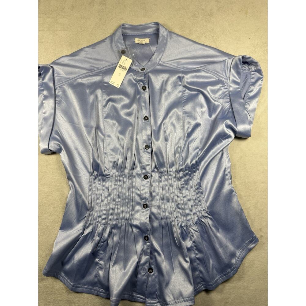 NWT Pilcro Anthropologie Satin Pintuck Button Front Blouse Women’s M Light Blue - Picture 2 of 10